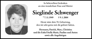 Traueranzeige von Sieglinde Schwenger von vrm-trauer