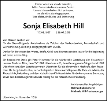 Traueranzeige von Sonja Elisabeth Hill von vrm-trauer