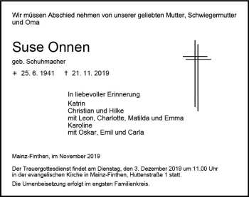 Traueranzeige von Suse Onnen von vrm-trauer