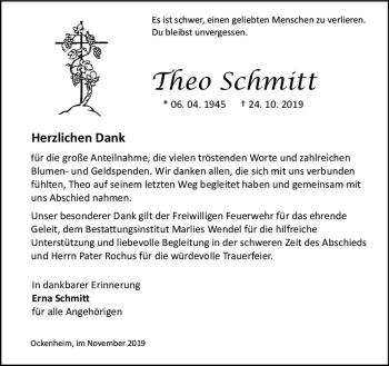 Traueranzeige von Theo Schmitt von vrm-trauer