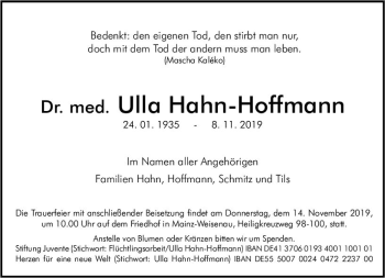 Traueranzeige von Ulla Hahn-Hoffmann von vrm-trauer