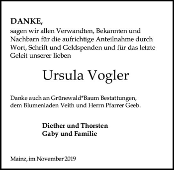 Traueranzeige von Ursula Vogler von vrm-trauer