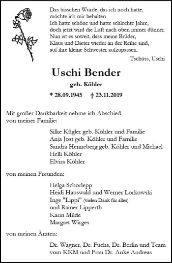 Traueranzeige von Uschi Bender von vrm-trauer