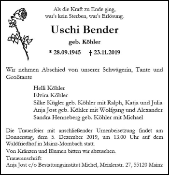Traueranzeige von Uschi Bender von vrm-trauer