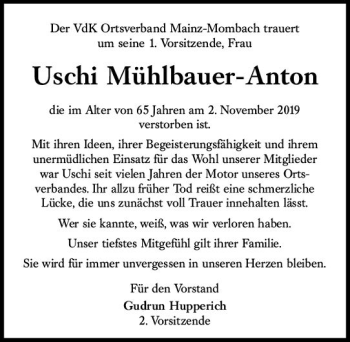 Traueranzeige von Uschi Mühlbauer-Anton von vrm-trauer