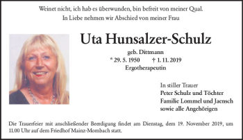 Traueranzeige von Uta Hunsalzer-Schulz von vrm-trauer