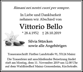 Traueranzeige von Vittorio Bello von vrm-trauer
