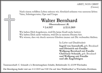Traueranzeige von Walter Bernhard von vrm-trauer