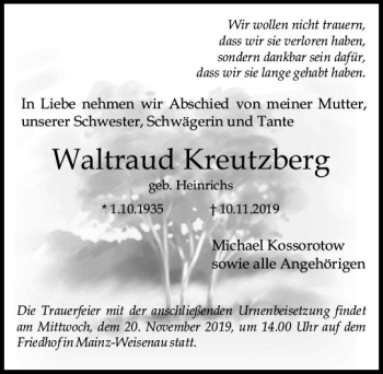 Traueranzeige von Waltraud Kreutzberg von vrm-trauer