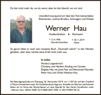 Traueranzeige von Werner Hau von vrm-trauer