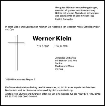 Traueranzeige von Werner Klein von vrm-trauer