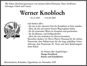 Traueranzeige von Werner Knobloch von vrm-trauer
