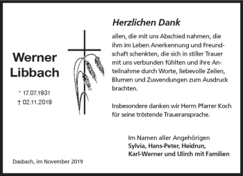 Traueranzeige von Werner Libbach von vrm-trauer