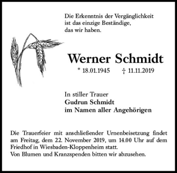 Traueranzeige von Werner Schmidt von vrm-trauer