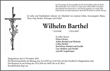 Traueranzeige von Wilhelm Barthel von vrm-trauer