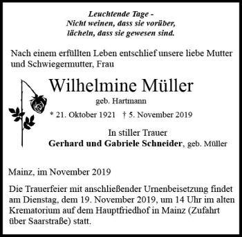 Traueranzeige von Wilhelmine Müller von vrm-trauer