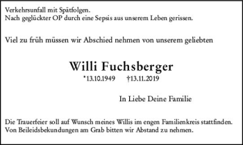 Traueranzeige von Willi Fuchsberger von vrm-trauer