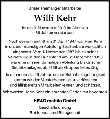 Traueranzeige von Willi Kehr von vrm-trauer