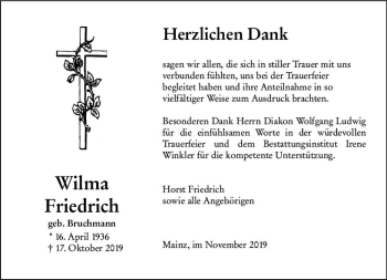 Traueranzeige von Wilma Friedrich von vrm-trauer