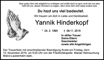 Traueranzeige von Yannik Hinderkopf von vrm-trauer
