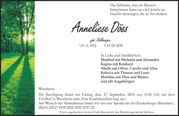 Traueranzeige von Anneliese Döss von VRM Tageszeitungen
