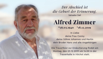 Traueranzeige von Alfred Zimmer von vrm-trauer