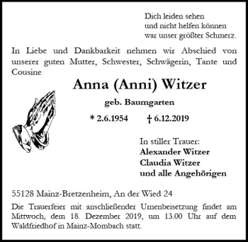 Traueranzeige von Anna Witzer von vrm-trauer
