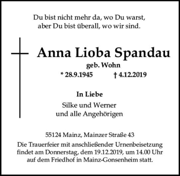 Traueranzeige von Anna Lioba Spandau von vrm-trauer