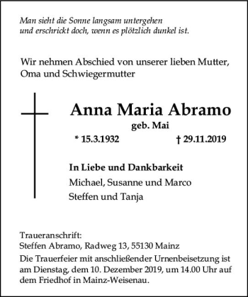 Traueranzeige von Anna Maria Abramo von vrm-trauer