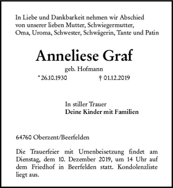 Traueranzeige von Anneliese Graf von vrm-trauer