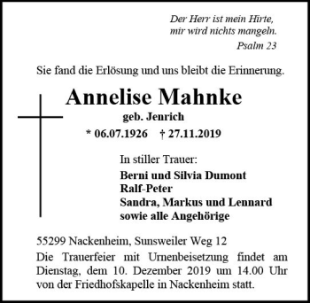 Traueranzeige von Annelise Mahnke von vrm-trauer