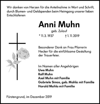 Traueranzeige von Anni Muhn von vrm-trauer