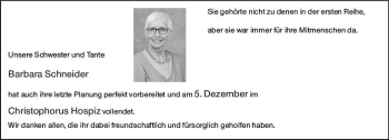 Traueranzeige von Barbara Schneider von vrm-trauer