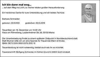 Traueranzeige von Barbara Schneider von vrm-trauer