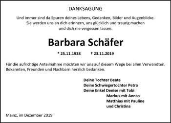 Traueranzeige von Barbara Schäfer von vrm-trauer