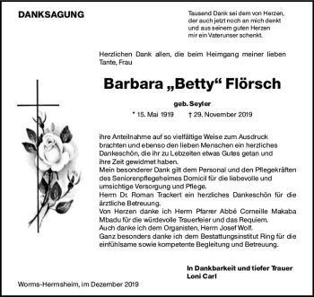 Traueranzeige von Barbara Betty Flörsch von vrm-trauer