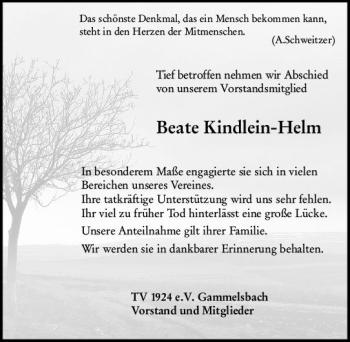 Traueranzeige von Beate Kindlein-Helm von vrm-trauer