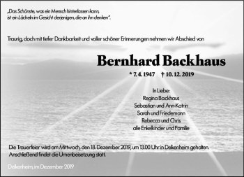 Traueranzeige von Bernhard Backhaus von vrm-trauer