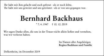 Traueranzeige von Bernhard Backhaus von vrm-trauer
