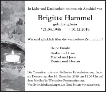 Traueranzeige von Brigitte Hammel von vrm-trauer