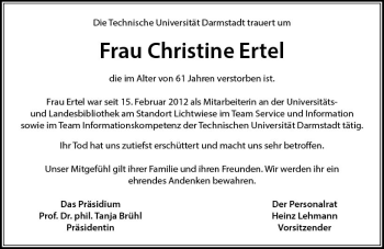 Traueranzeige von Christine Ertel von vrm-trauer