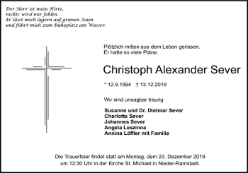Traueranzeige von Christoph Alexander Sever von vrm-trauer