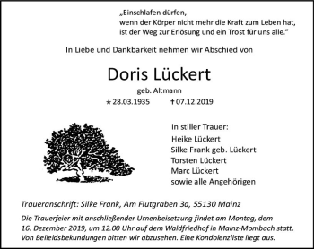 Traueranzeige von Doris Lückert von vrm-trauer