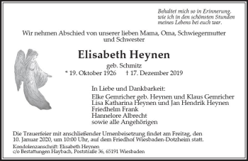 Traueranzeige von Elisabeth Heynen von vrm-trauer