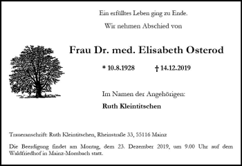 Traueranzeige von Elisabeth Osterod von vrm-trauer