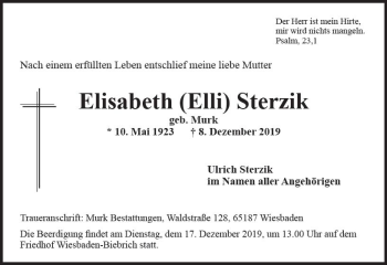 Traueranzeige von Elisabeth Sterzik von vrm-trauer