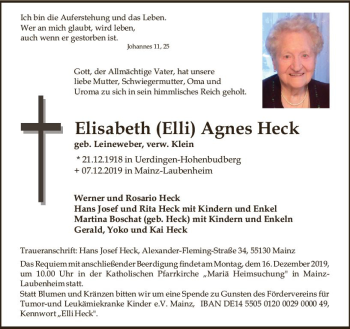 Traueranzeige von Elisabeth Agnes Heck von vrm-trauer