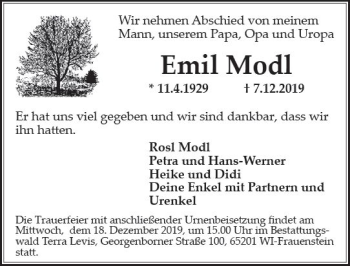 Traueranzeige von Emil Modl von vrm-trauer