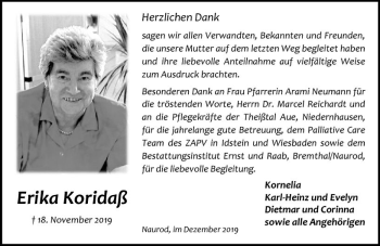 Traueranzeige von Erika Koridaß von vrm-trauer