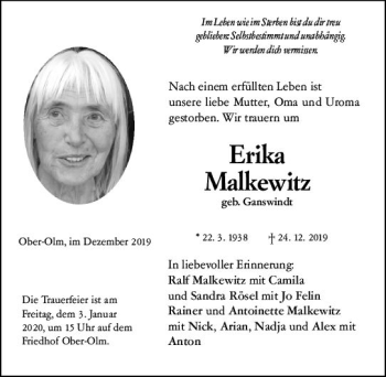 Traueranzeige von Erika Malkewitz von vrm-trauer